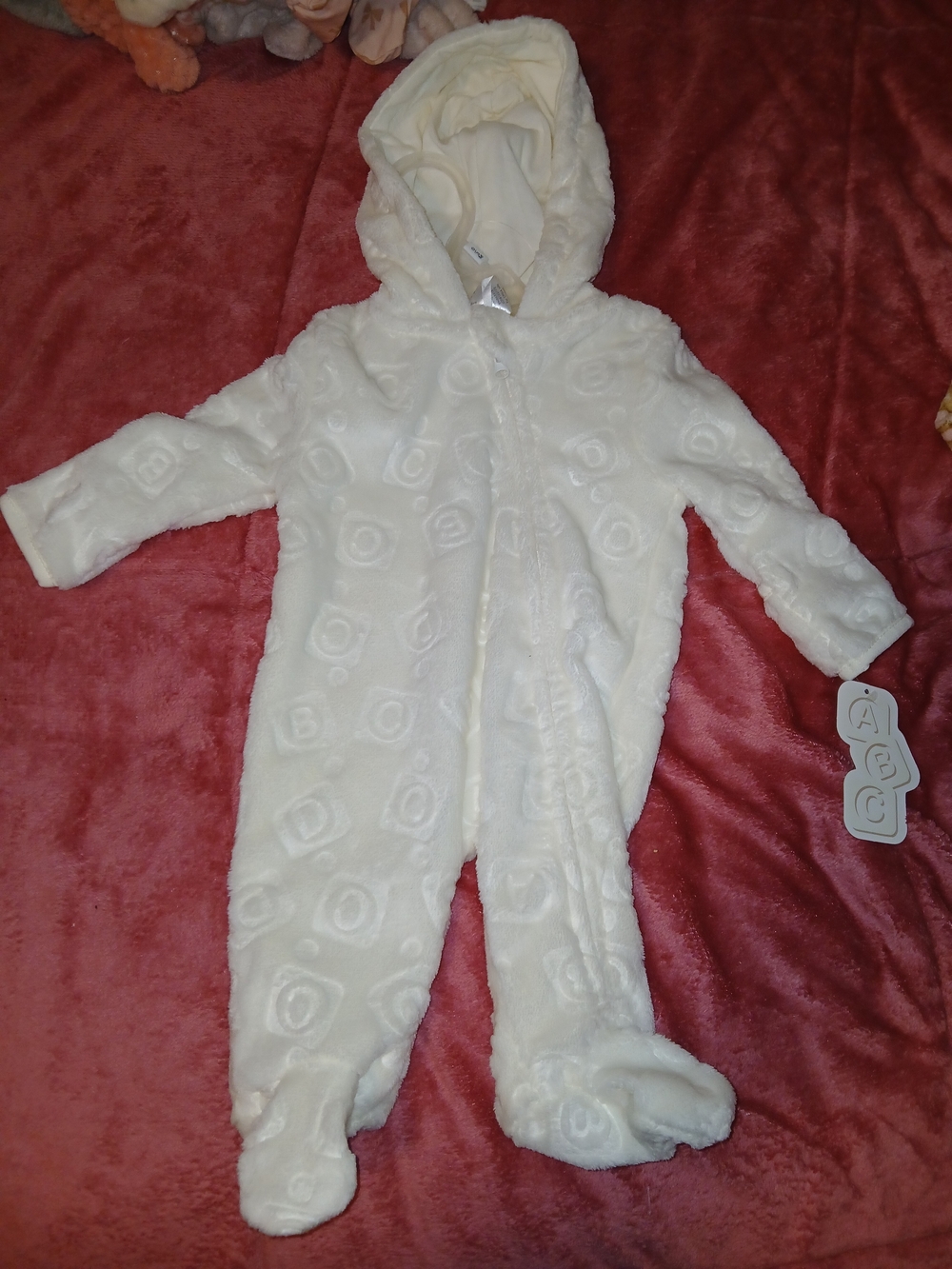 Little Beginnings NWT ABC Cozy Cream Hooded Infant One-Piece Fleece Romper